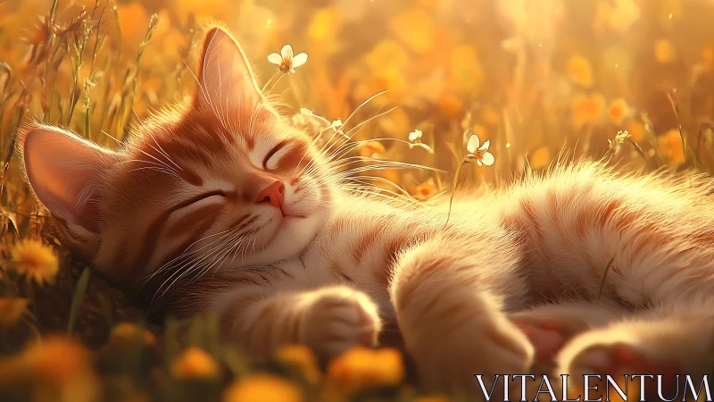 Golden hour kitten resting in soft wildflower meadow.