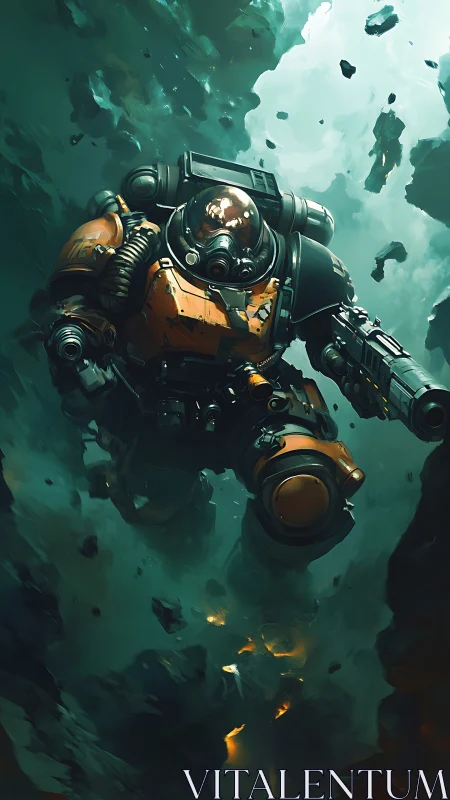 Armored space explorer drifting through a glowing asteroid field.