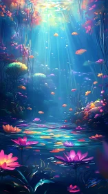 Dreamlike bioluminescent lagoon rendered in saturated digital color