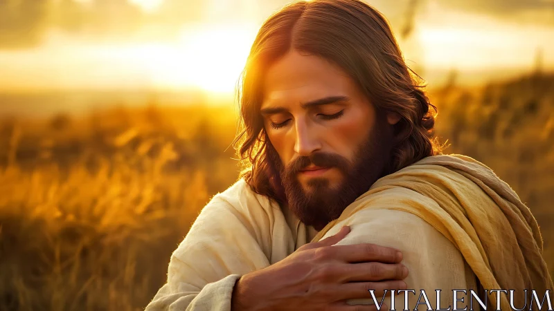 Serene robed figure prays in golden sunrise wheat field.