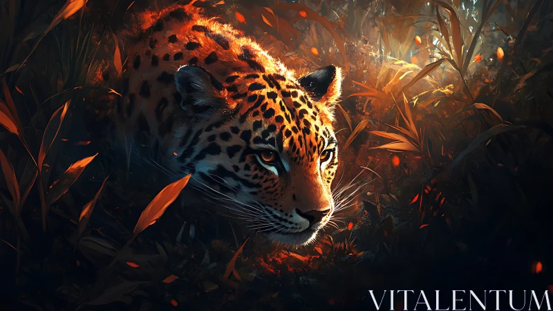 Golden-eyed jungle leopard glowing in warm sunset light.