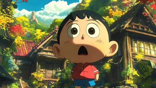 Wide eyed village wanderer in lush autumn forest wonderland.