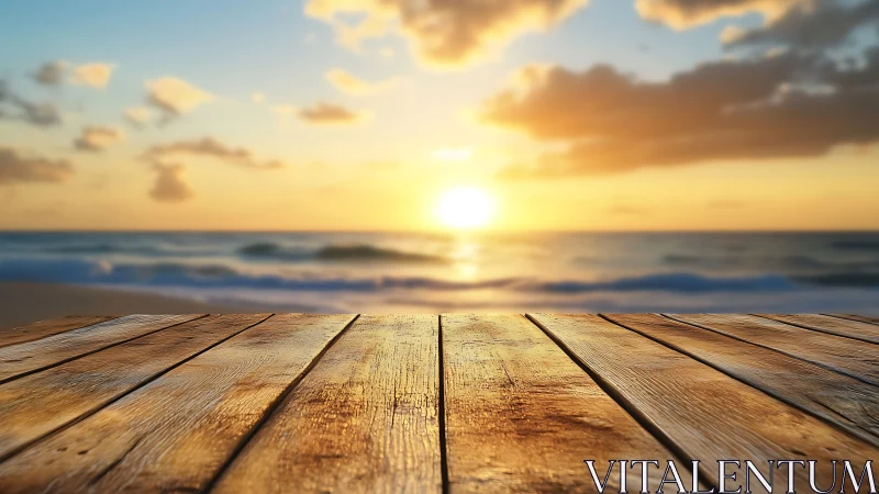Weathered wooden deck overlooking defocused ocean sunset horizon