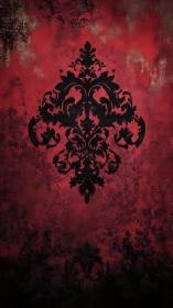 Baroque black damask emblem on distressed crimson field.