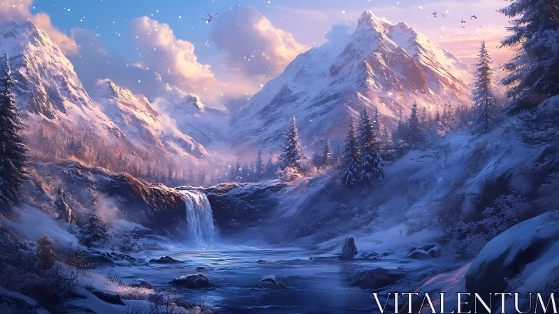 Snow covered mountain valley with waterfall at dusk light.