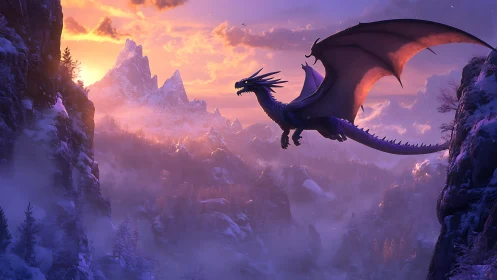 Twilight dragon glides above ember-lit winter mountainscape.