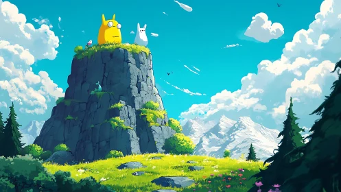 Sunny mountaintop guardians overlooking bright valley meadow.