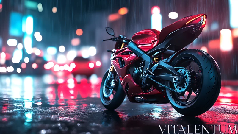Scarlet superbike under neon rain in futuristic cityscape.