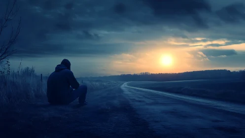 Solitary silhouette waits as the cold blue road meets dawn