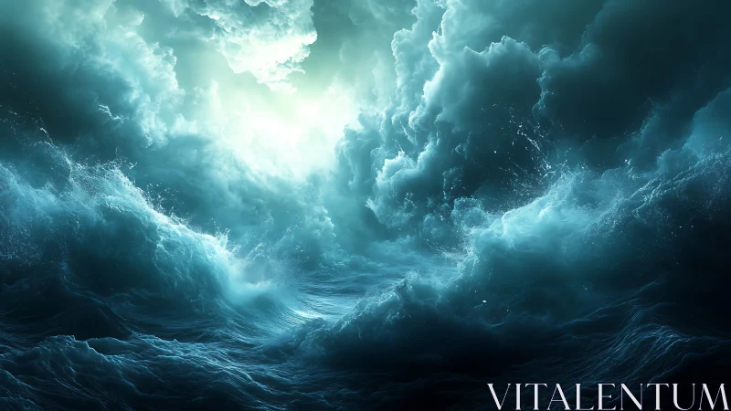 Turbulent cyan ocean vortex under hyper-luminous storm front.