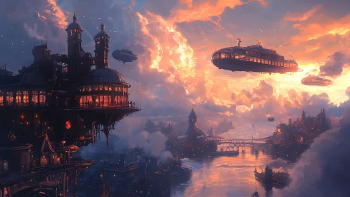 Sunlit skyport city with graceful airships drifting by.