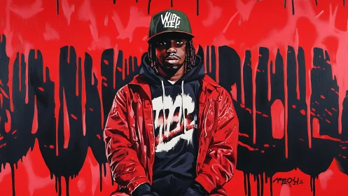Urban portrait with red graffiti field and streetwear focus.
