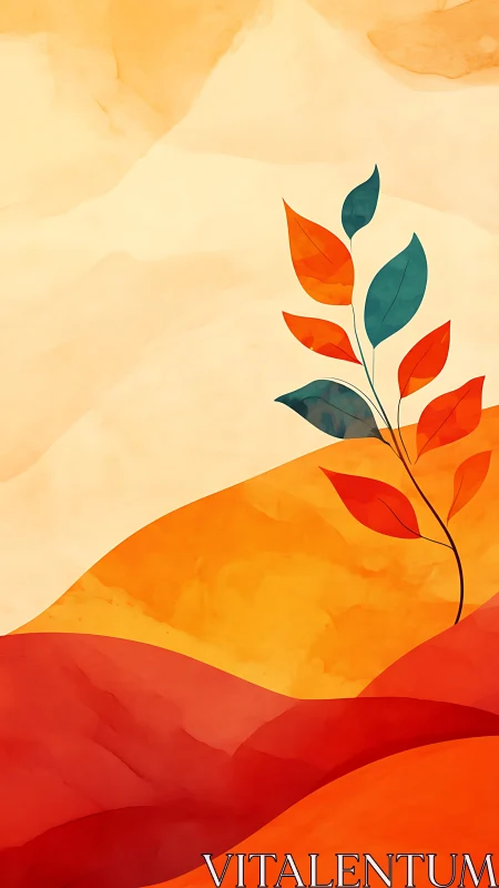 Minimal plant silhouette on layered warm color hills.