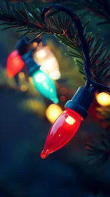 Colorful holiday string lights on evergreen branch at dusk.