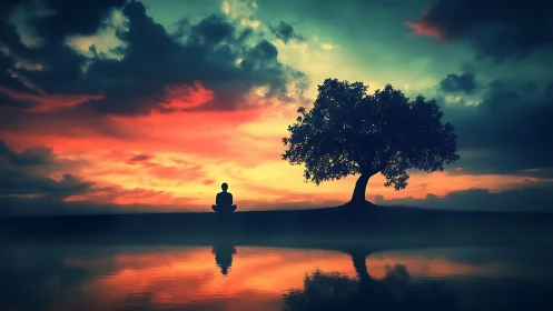 Silhouetted meditator and tree under chromatic dusk sky.