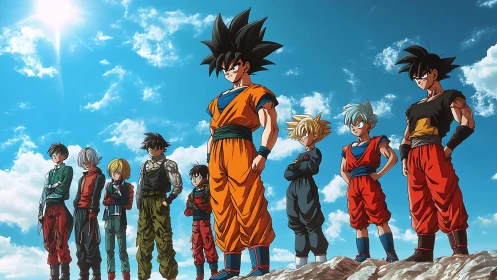 Anime warriors lineup under dynamic blue sky lighting