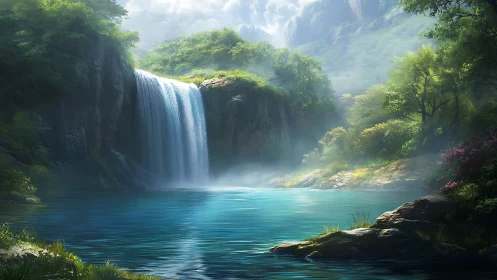 Waterfall and forest pool in sunlit mountainous landscape.