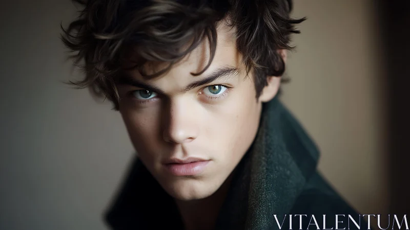 Moody close-up portrait of young male with intense green gaze