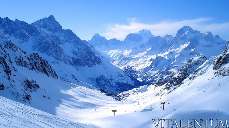 Sunlit alpine valley framed by dramatic snowy ridges.
