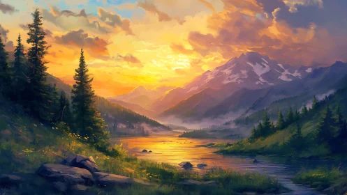 High-saturation alpine river valley under volumetric sunset sky