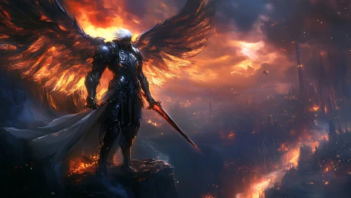 Epic winged warrior over burning infernal battlefield panorama.