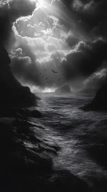 Monochrome seascape with storm-lit clouds and coastal silhouettes.