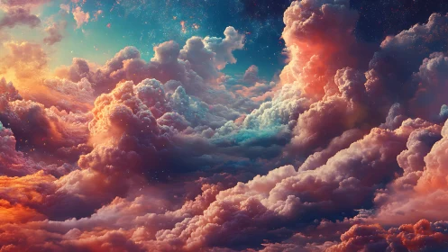 Celestial cotton kingdoms glow in star-tinted sunset clouds.