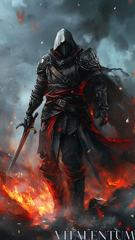 Hooded dark knight amid volcanic embers, digital painting focus.