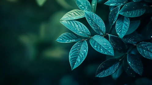 Macro leaf cluster with aqua bokeh and dewy surface geometry.