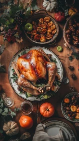 Roast turkey on autumn table with seasonal side dishes.