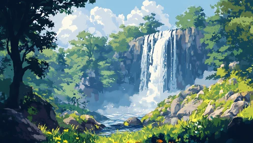 Cascading Waterfall: Digital Landscape Painting.