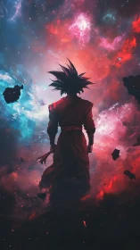 Backlit cosmic warrior in bifurcated red blue nebular field.