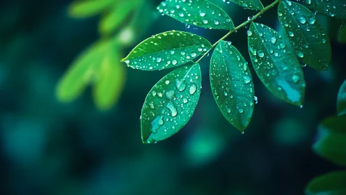 Green compound leaves with water droplets on dark background.