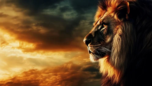 Majestic lion profile against glowing stormy sunset sky.