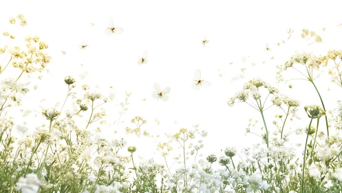 Wildflower meadow with white blooms and flying insects.