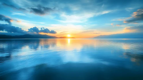 Sun over distant mountains reflects on calm open water