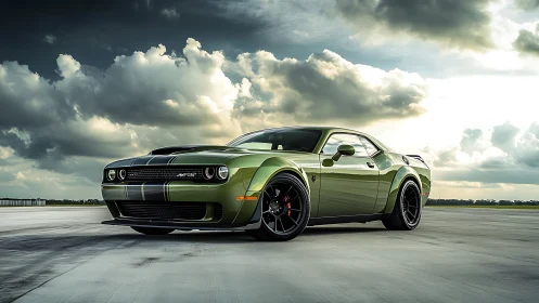Green muscle car stands bold on runway beneath stormy sky