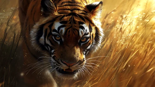 Low-angle stalking Bengal tiger in backlit golden grassland