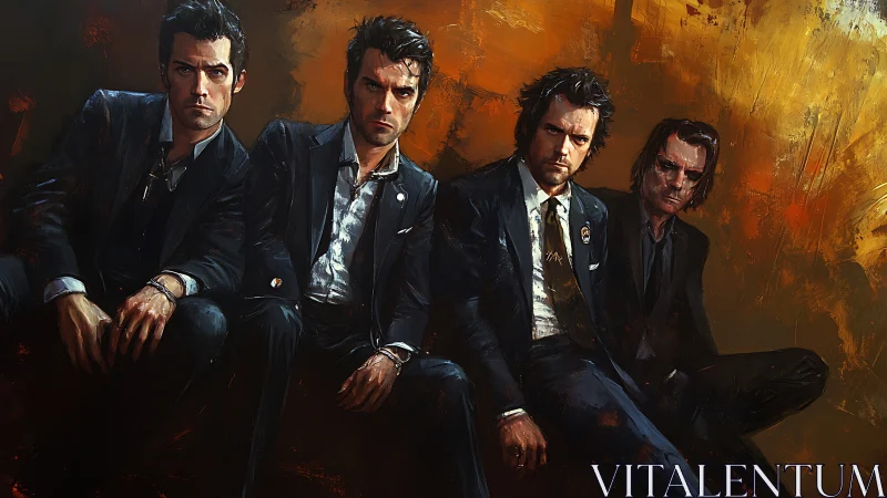 Four suited male figures sit against textured orange backdrop