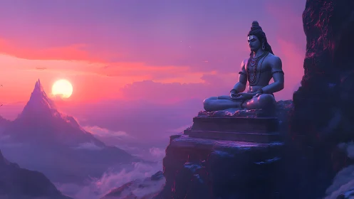 Digital painting of serene mountaintop deity at sunrise plateau.