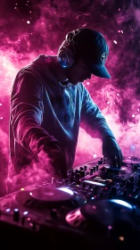 Neon fog curls as a focused DJ sculpts midnight frequencies