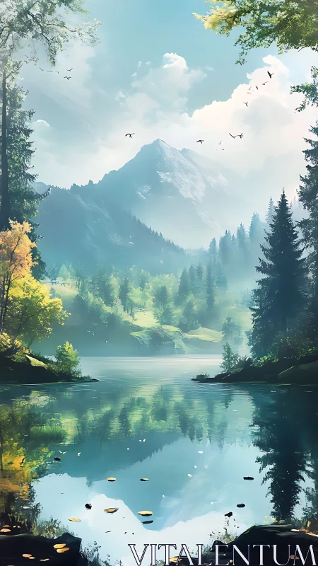 Serene alpine lake mirroring misty pines and distant peak.