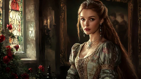 Renaissance style noblewoman beside stained glass window.