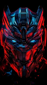 Cybernetic warrior helm in neon red and electric blue glow.