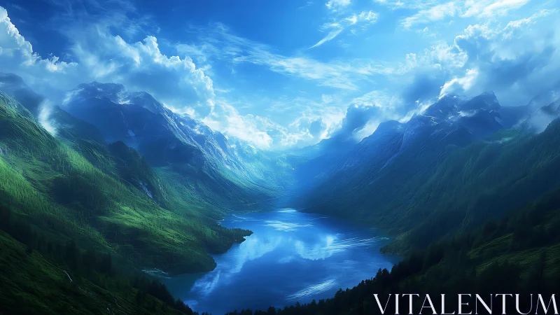 Sunlit alpine valley cradles a tranquil sapphire mountain lake