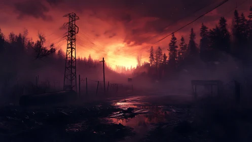 Burnt horizon over a haunted powerline forest roadscape.