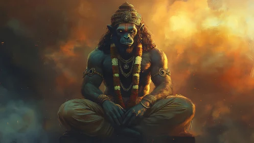 Serene monkey warrior resting in glowing, fiery twilight.