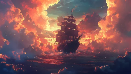 Sailing ship silhouette within dense sunset cloudscape scene.