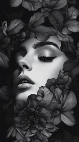 Monochrome female portrait enveloped in dark blooming flowers.