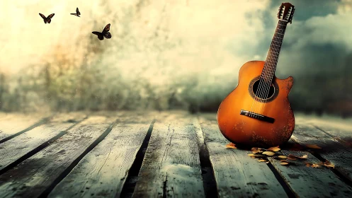 Golden acoustic guitar rests on weathered wooden pier at dusk.
